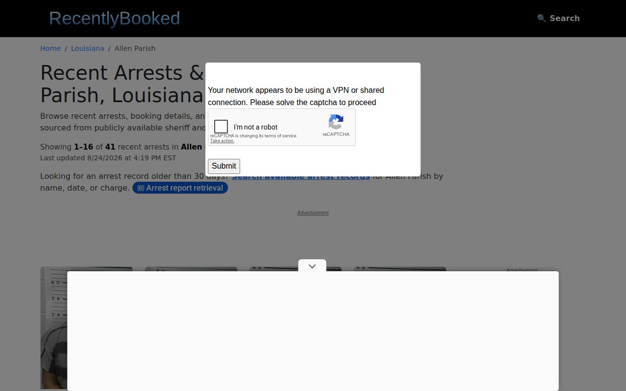 RecentlyBooked unofficial Allen Parish booking index interface